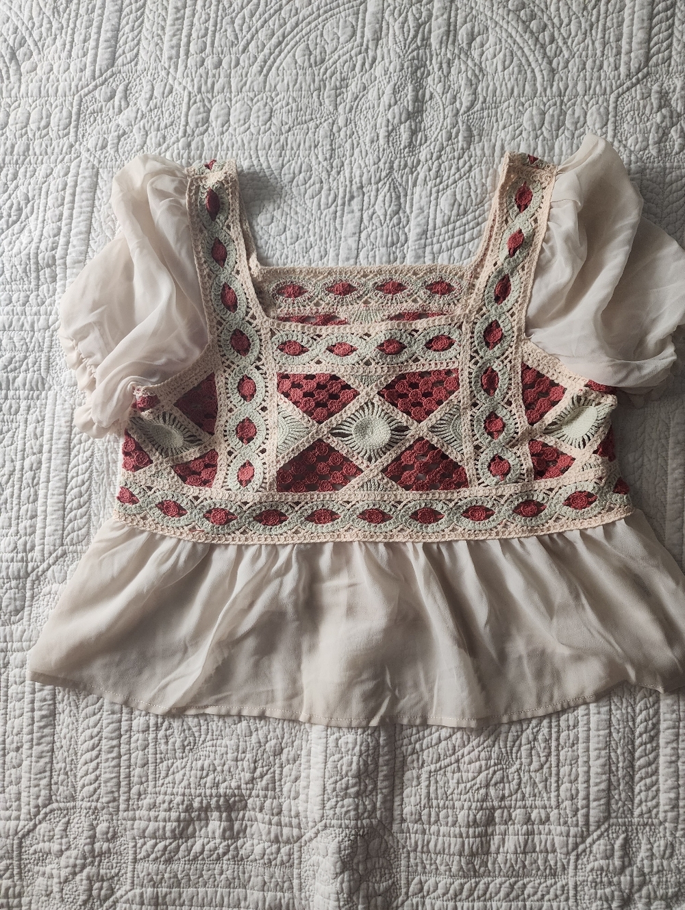 Crochet Panel Puff Sleeve Peplum Top - Cream and Dusty Rose